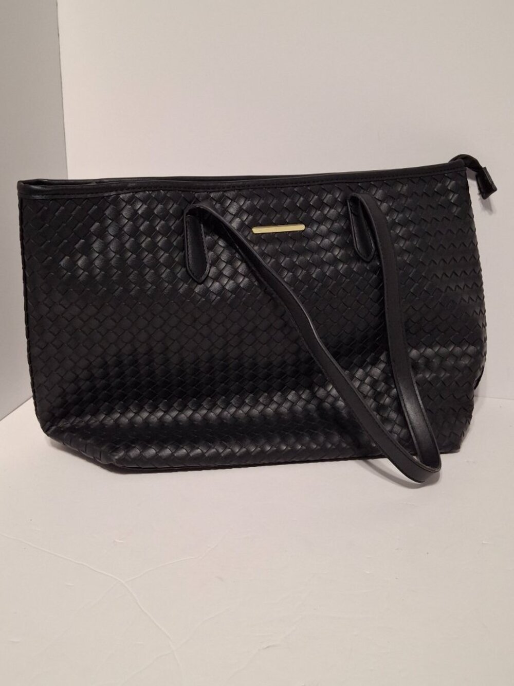 Black Woven Faux Leather Tote Bag Large Shoulder Handbag Zip Top Classic